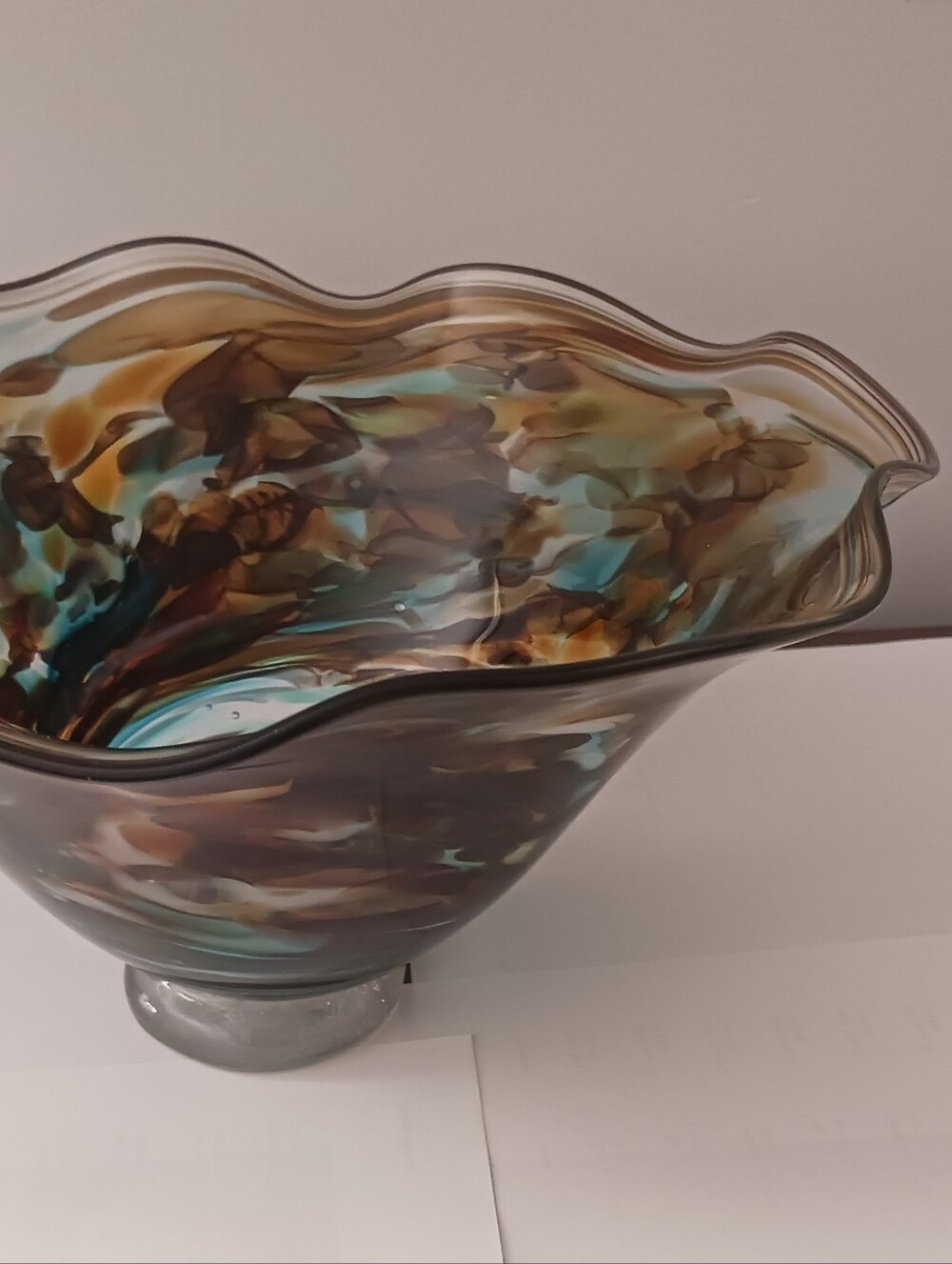 American Studio Art Glass Forge Wave Bowl Amber Turquoise Brown Pedestal 11 x 6"